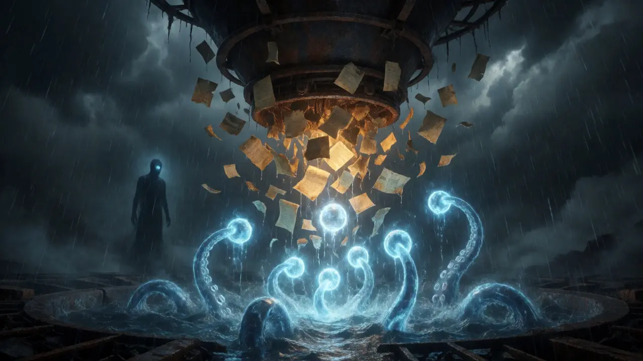Rusted funnel transforming document fragments into glowing vector orbs above an abyss
