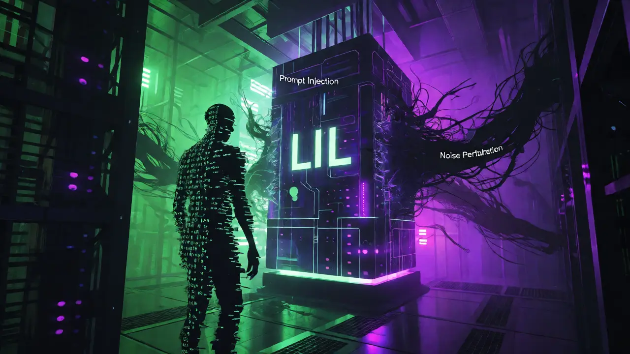 Shadowy adversarial entities attacking a glowing AI monolith in dark horror art.