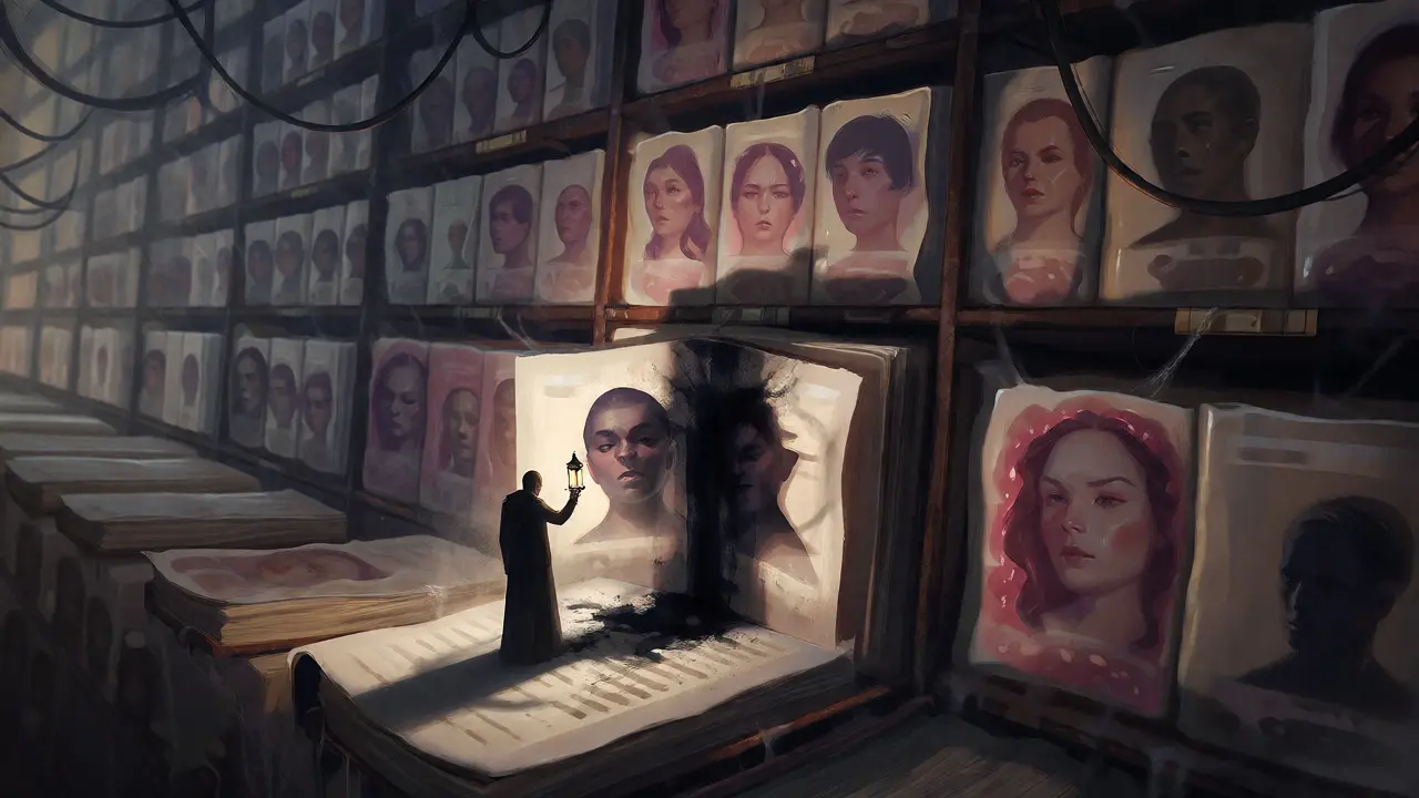 Shadowy figure trying to erase faces from fleshy books in a decaying, eerie data archive.