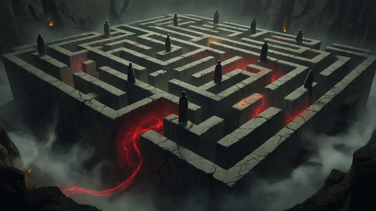 Shadowy guardrail statues cracking in a stone labyrinth with a red data thread.