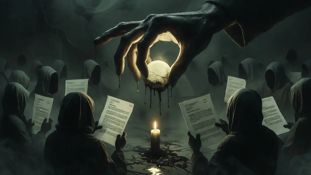 Shadowy hand grasping a cracked glowing orb amidst hooded figures