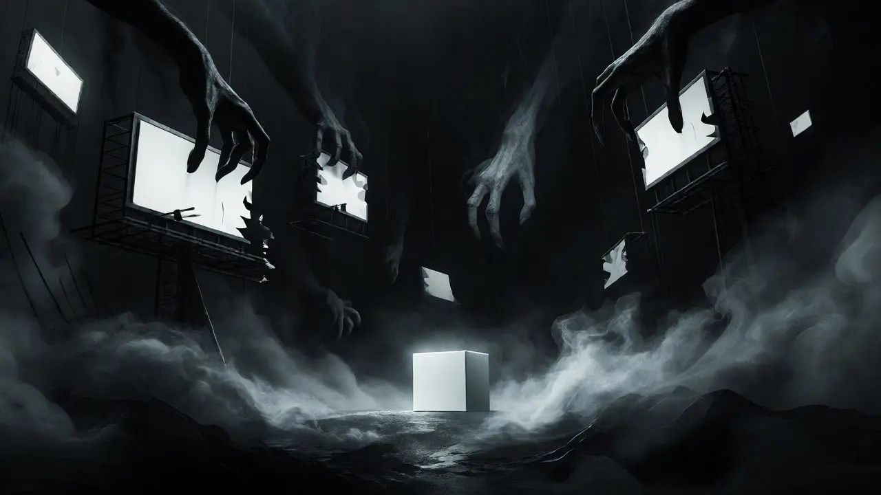 Shadowy hands manipulating broken ads around product