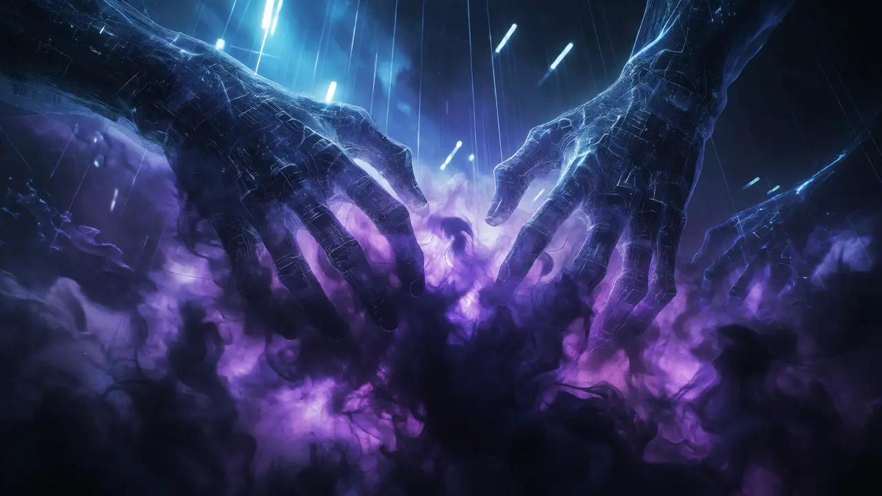 Spectral data hands crushing toxic mist in dark cybernetic void