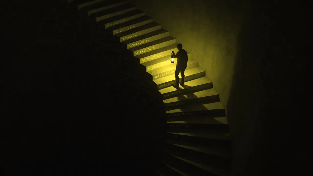 Spiral staircase of code descending into dark abyss