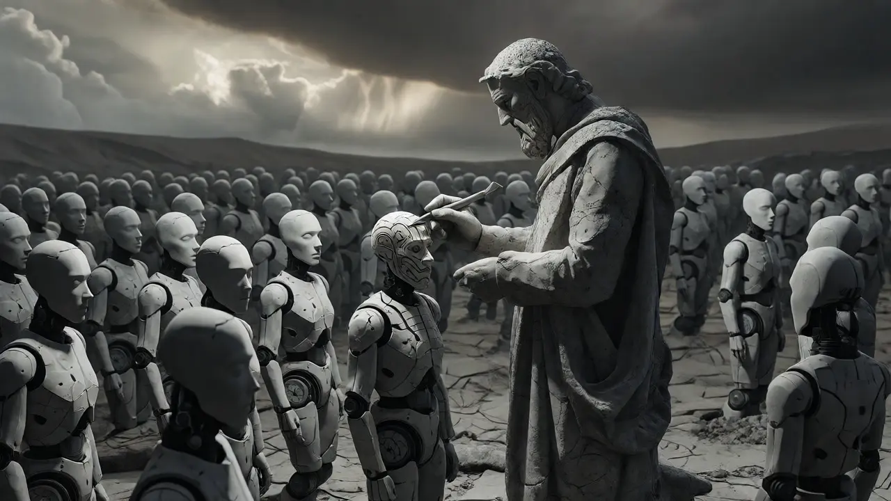 Stone statue carving detail into faceless mannequins