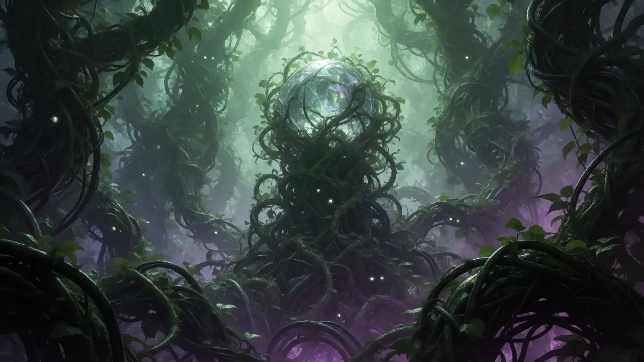 Synthetic vines choking a crystal orb in a dark, gothic forest