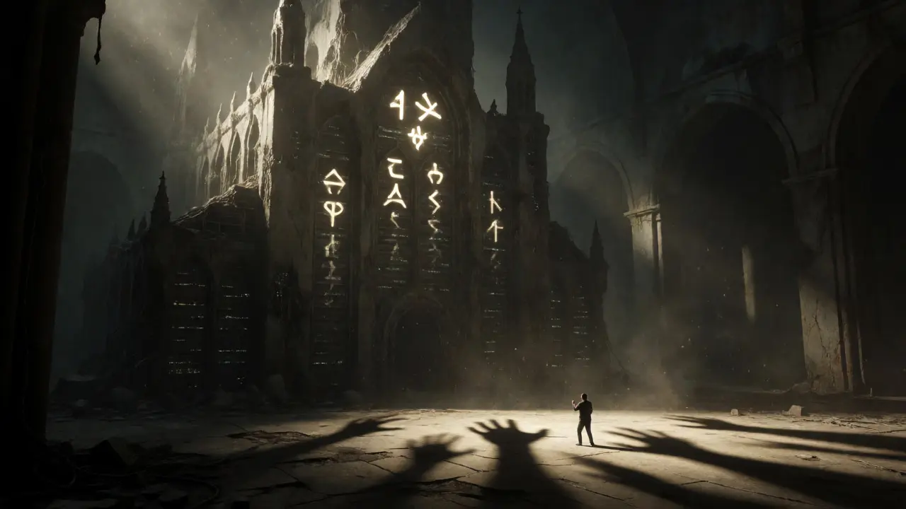 Tiny developer dwarfed by a crumbling server cathedral with grasping shadows.