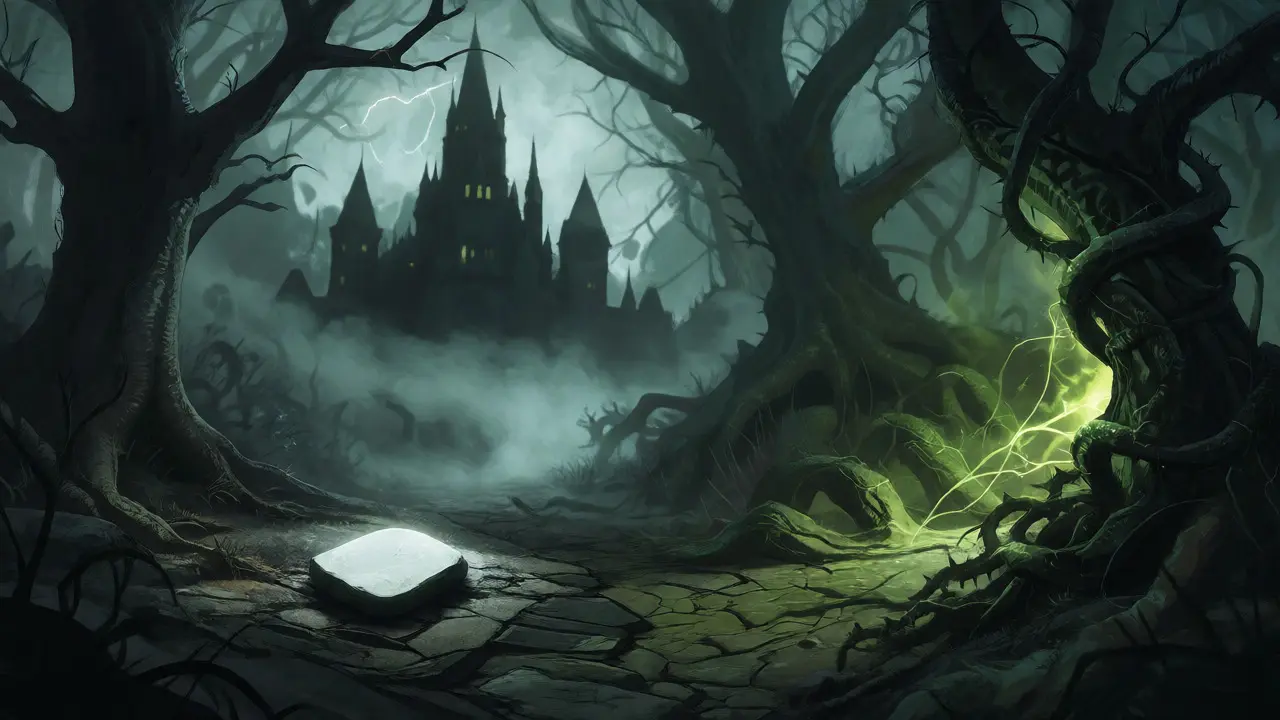 Two diverging paths in a dark forest: one simple stone, one wrapped in glowing thorny vines.