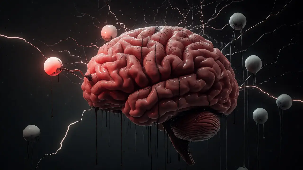 A decaying brain entity with idle experts illustrating expert collapse and memory strain.