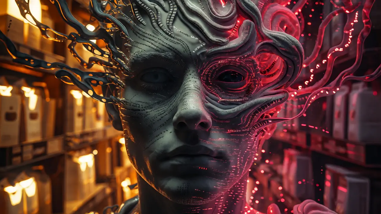A face merging with shifting text and glowing code in a surreal horror setting.