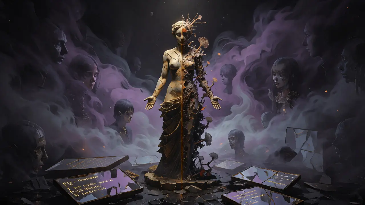 A fractured digital idol showing decay from aggressive quantization.