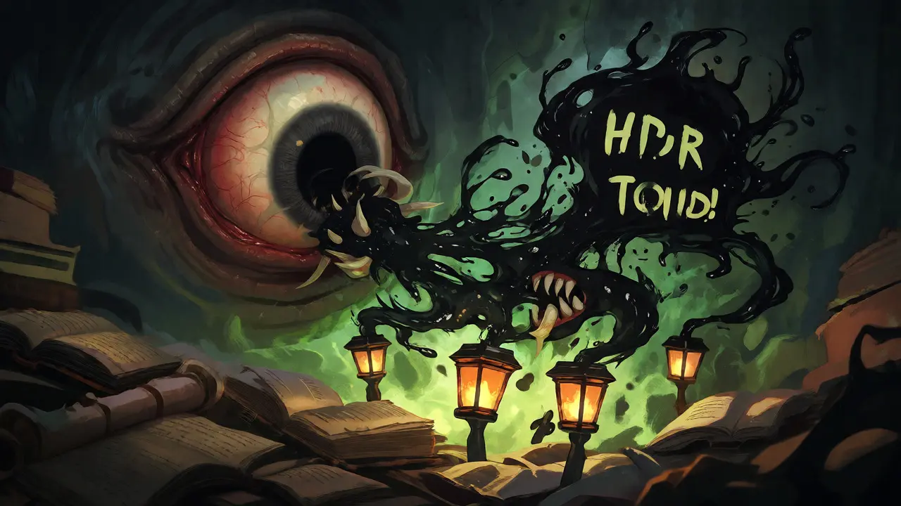 A giant eye pouring black sludge onto rotting books, attacked by fragile lanterns in a dark cave.