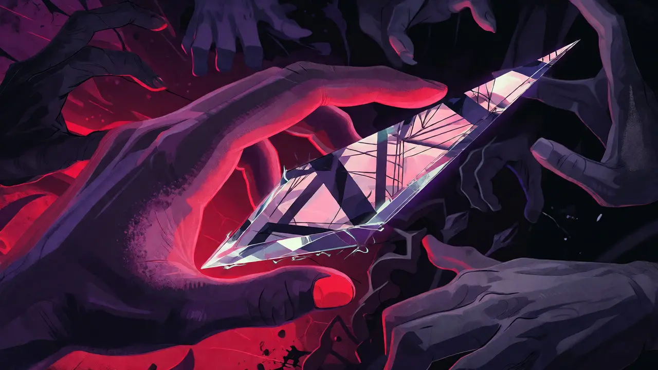 A hand grasping a crystal shard reflecting multiple paths, surrounded by shadowy hands in a gothic setting.