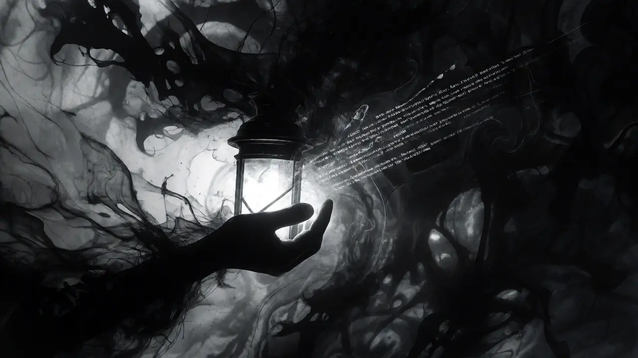 A hand holding a lantern illuminating code amidst a dark void