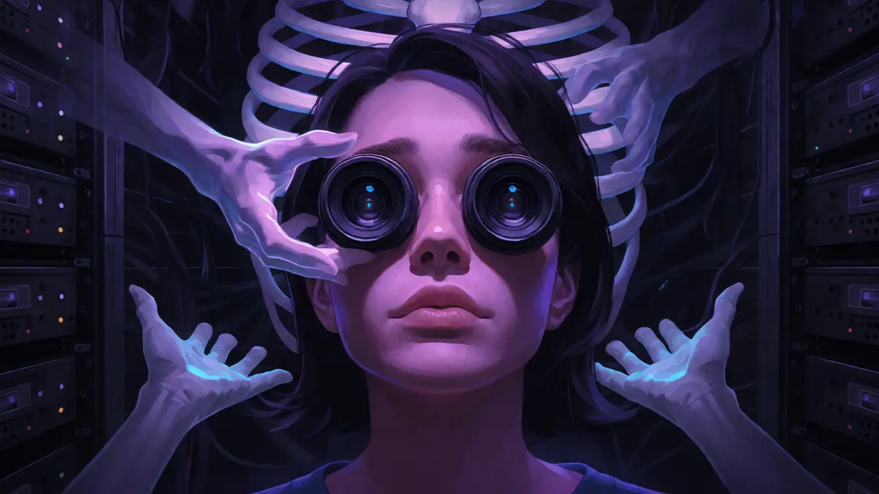 A person with camera-lens eyes surrounded by ghostly, grasping hands in darkness.