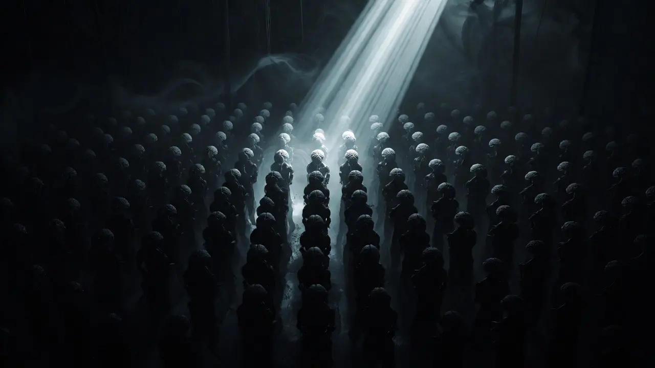A spotlight illuminates two experts among many shadows, depicting sparse routing selection.