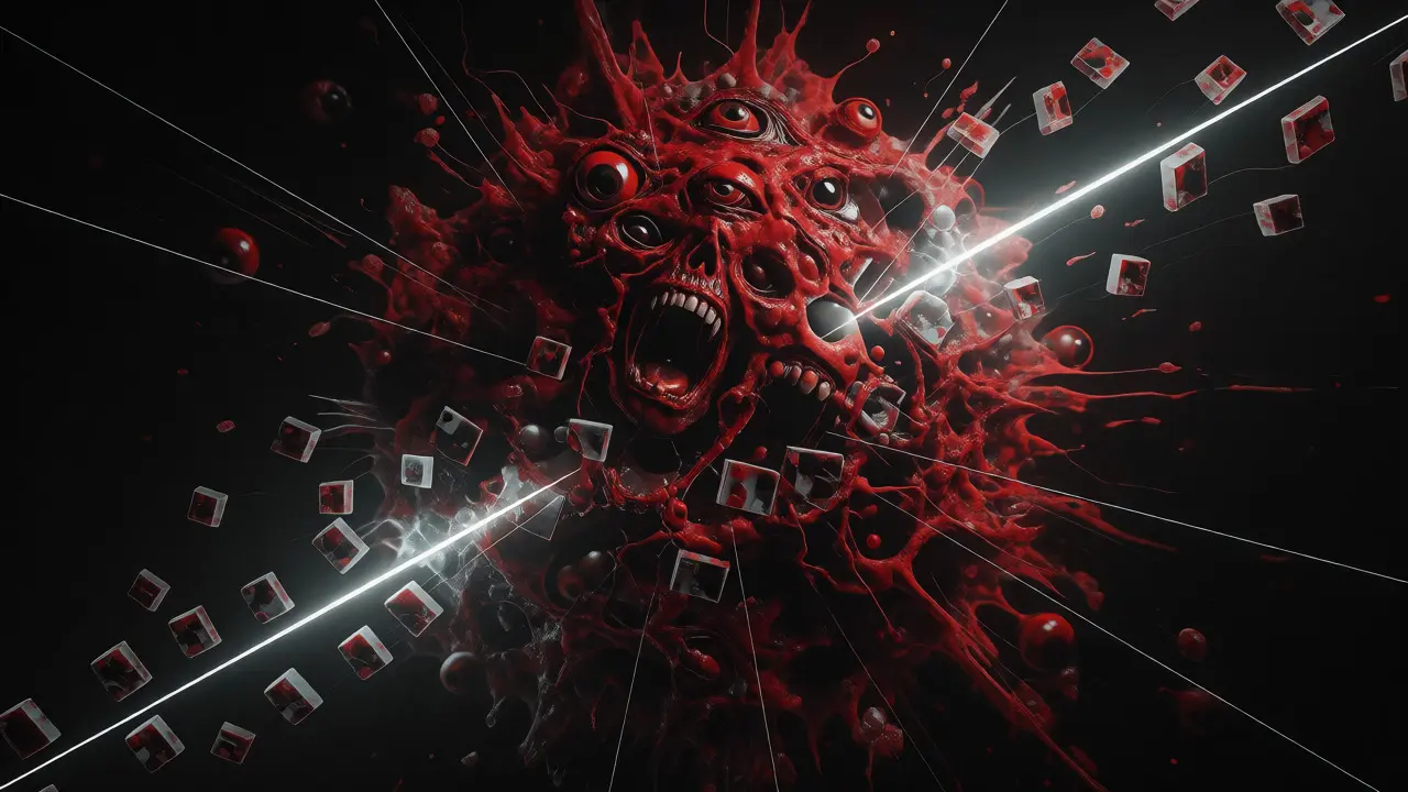 Abstract horror art showing dependency injection slicing a chaotic code monster into modules.