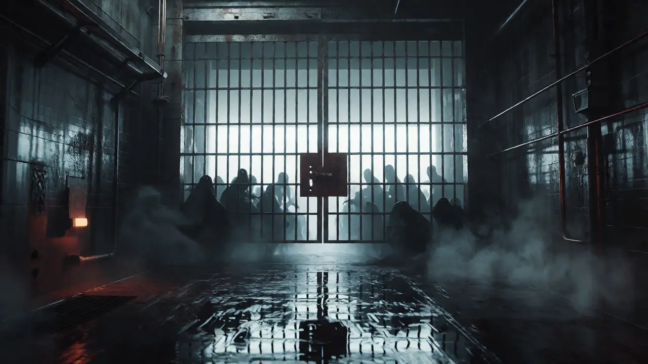 An iron gate blocks shadowy creatures from a bright area of clean code in a dark corridor.