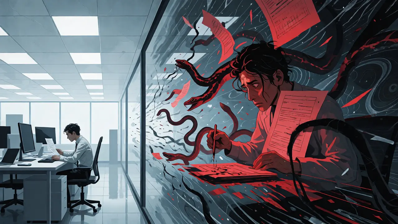 Anxious professional reviewing documents amidst a nightmarish reflection of AI risks.