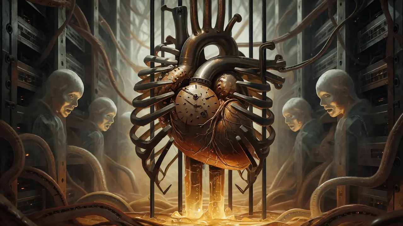 Clockwork heart pumping slow gold amidst dark cables