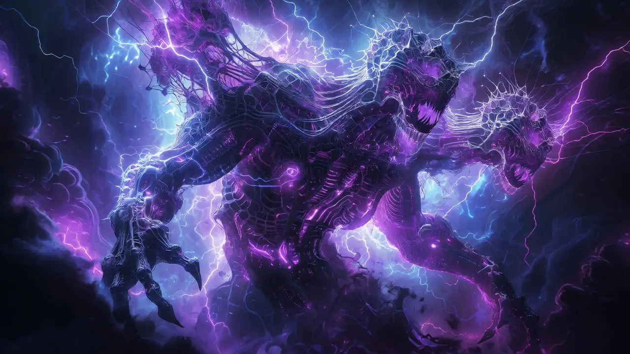Colossal glowing neural entity emerging from a digital storm