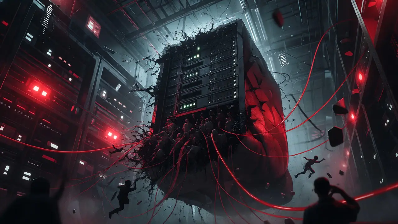 Cracking server rack leaking sludge while consuming user figures in a dark void.