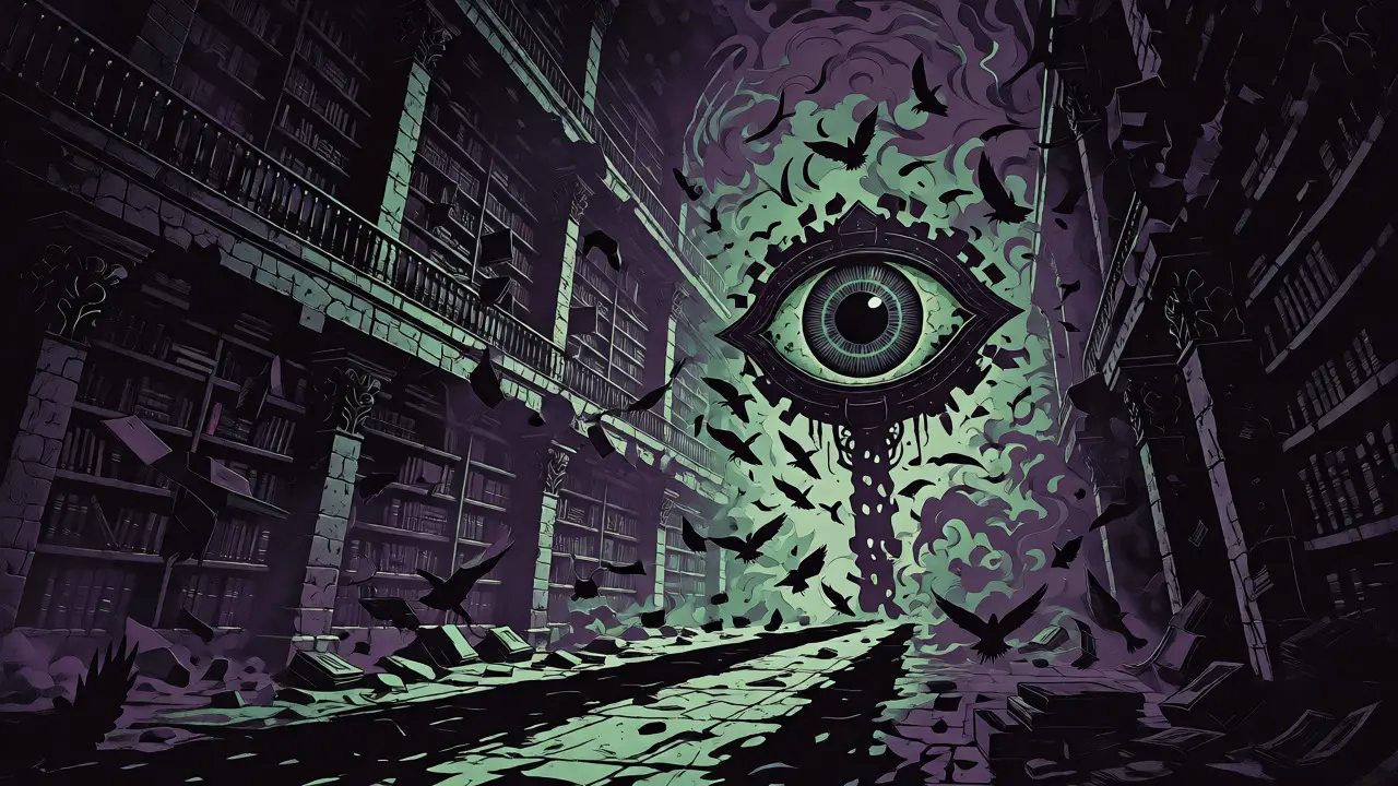 Crumbling library with giant mechanical eye and swirling dark mist
