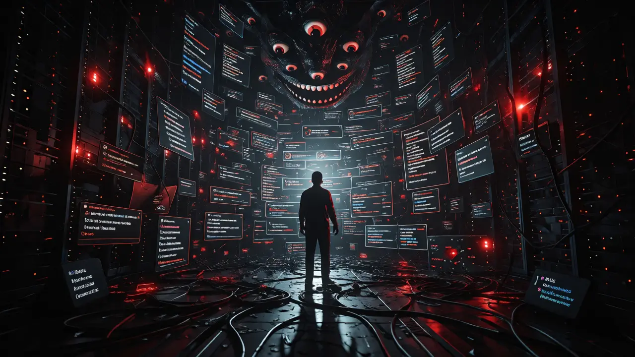 Developer trapped by predatory AI widgets in a dark server room