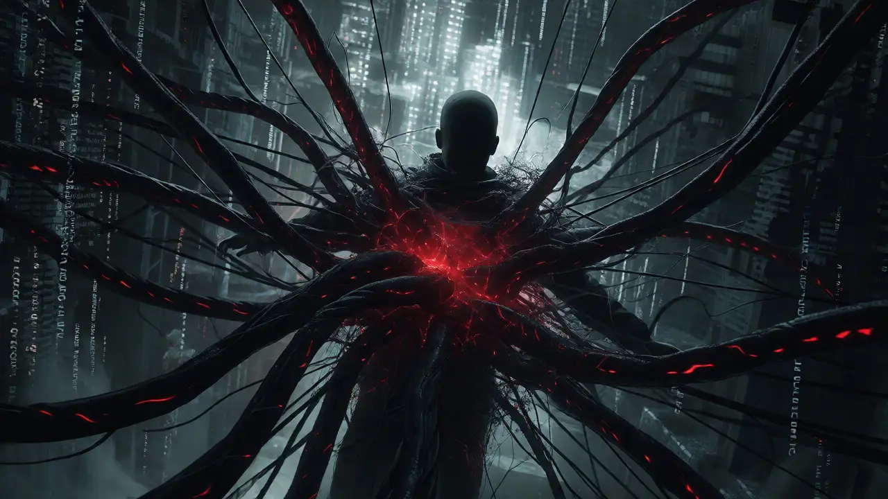 Developer trapped in black cables connected to AI core