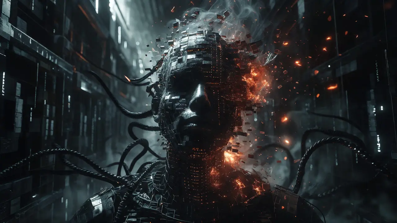 Digital entity dissolving into embers in dark corridors, representing lost data and latency.
