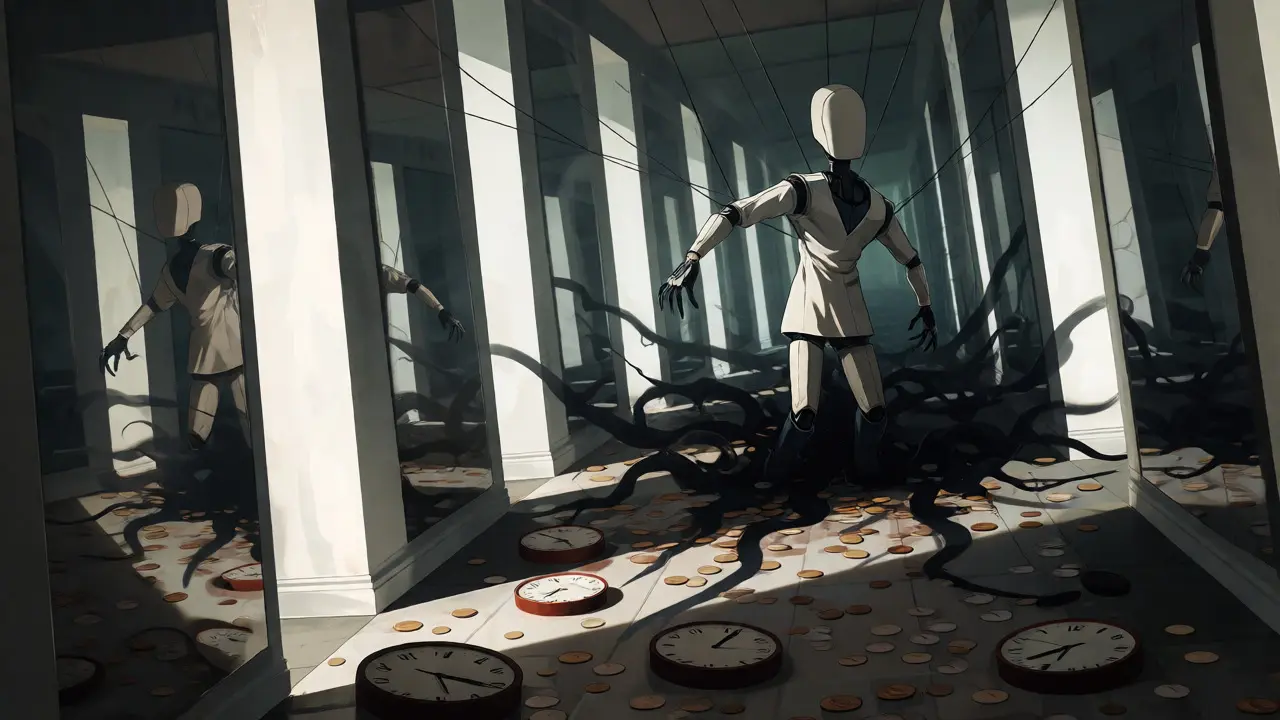 Faceless puppet agent trapped in a nightmarish loop of mirrors and clocks.