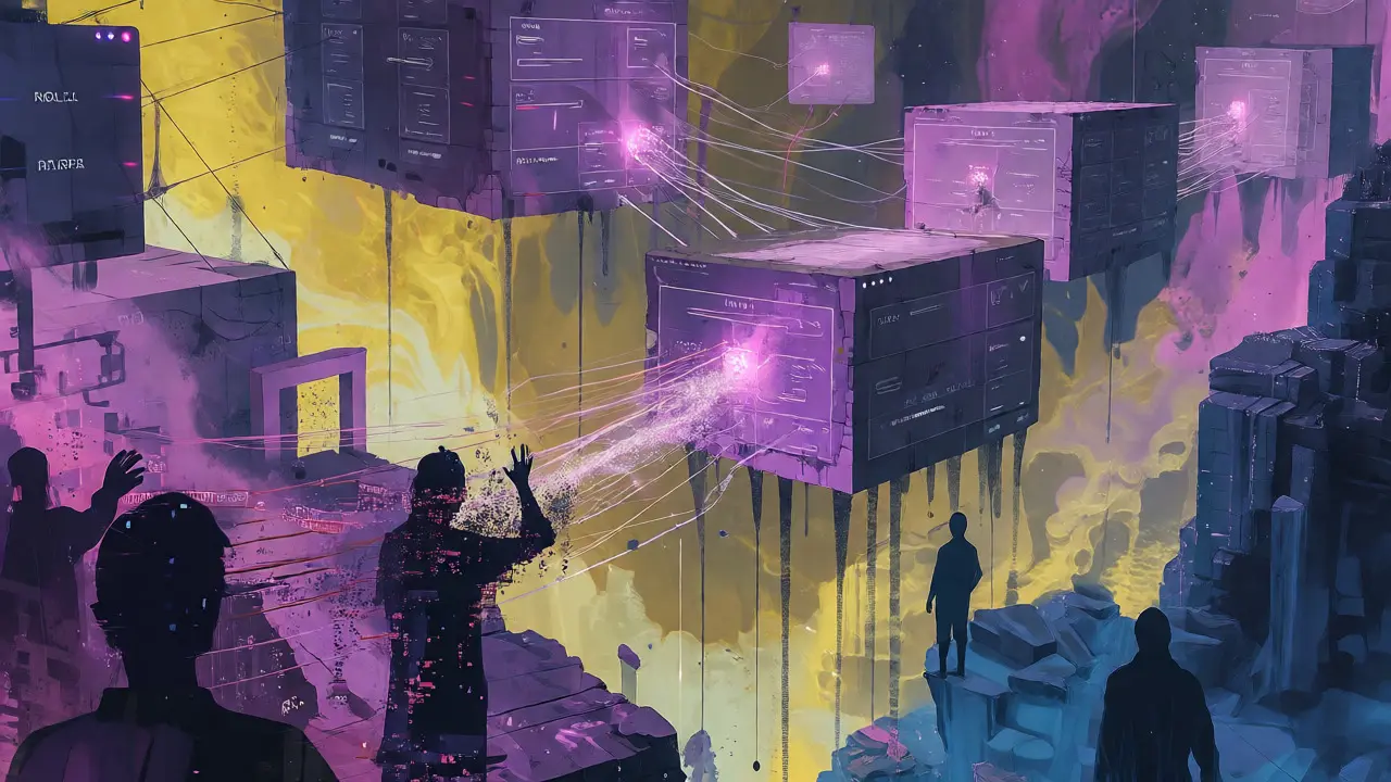 Floating UI panels dissolving into static over a dark chasm