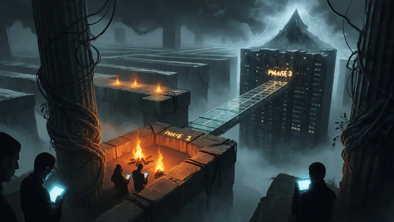 Foggy labyrinth showing three phases of AI adoption with silhouetted figures.
