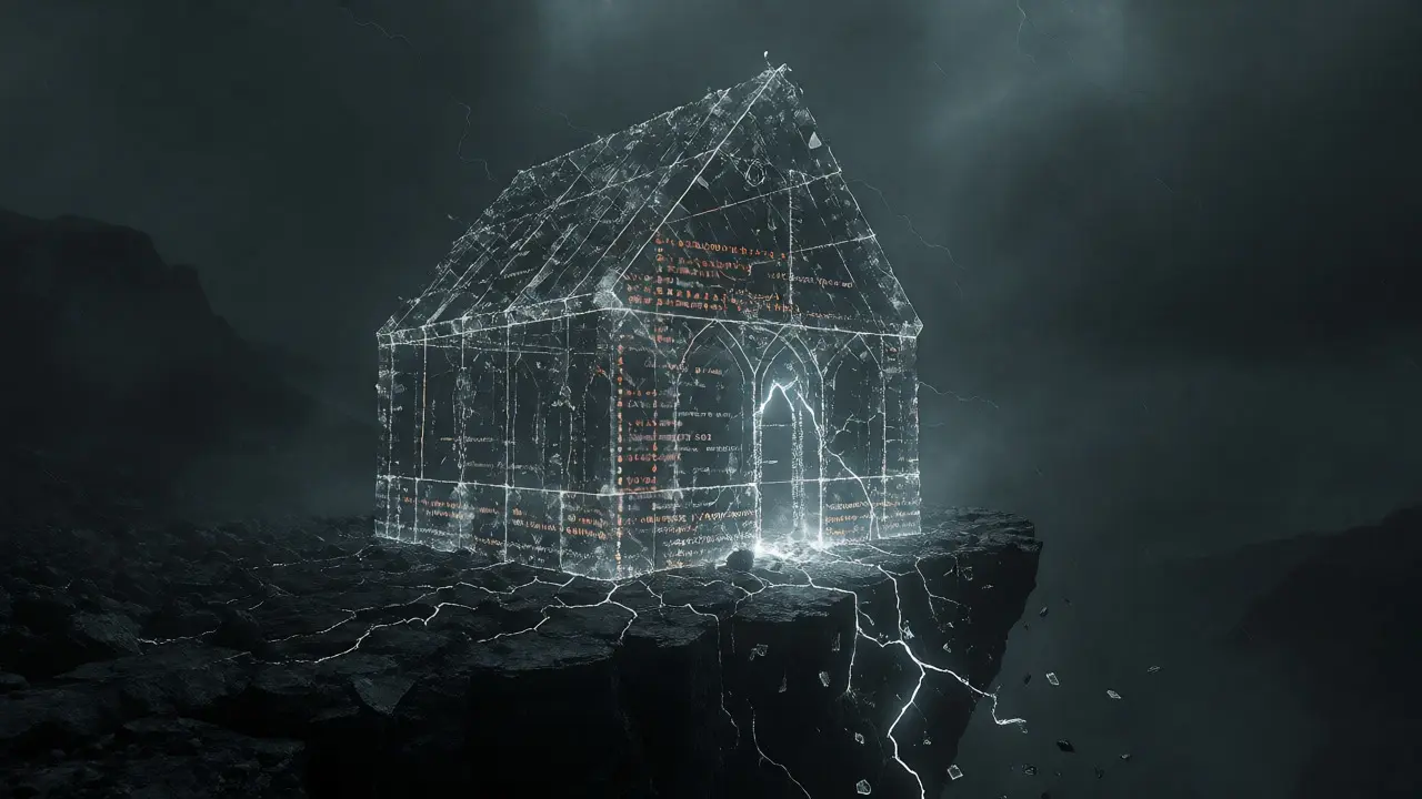 Fragile code structure cracking under pressure on a dark cliff
