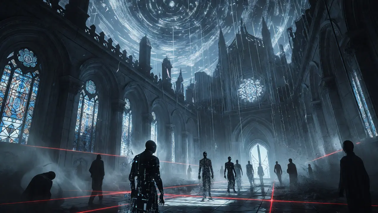 Ghostly AI figures wander within a crumbling gothic cathedral of code structures.