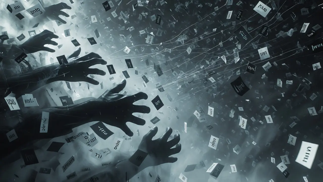 Ghostly hands grasping floating words in a foggy abyss