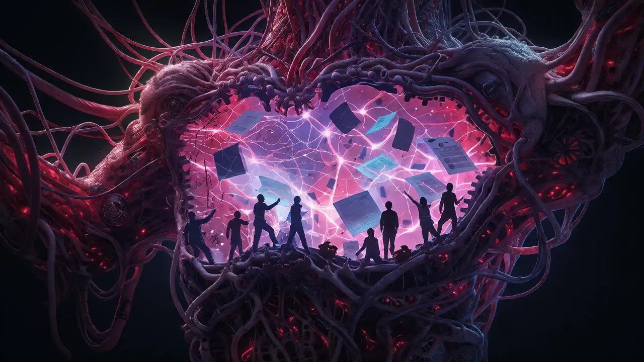 Giant mechanical beast with glowing internal data networks being guided by small human figures.
