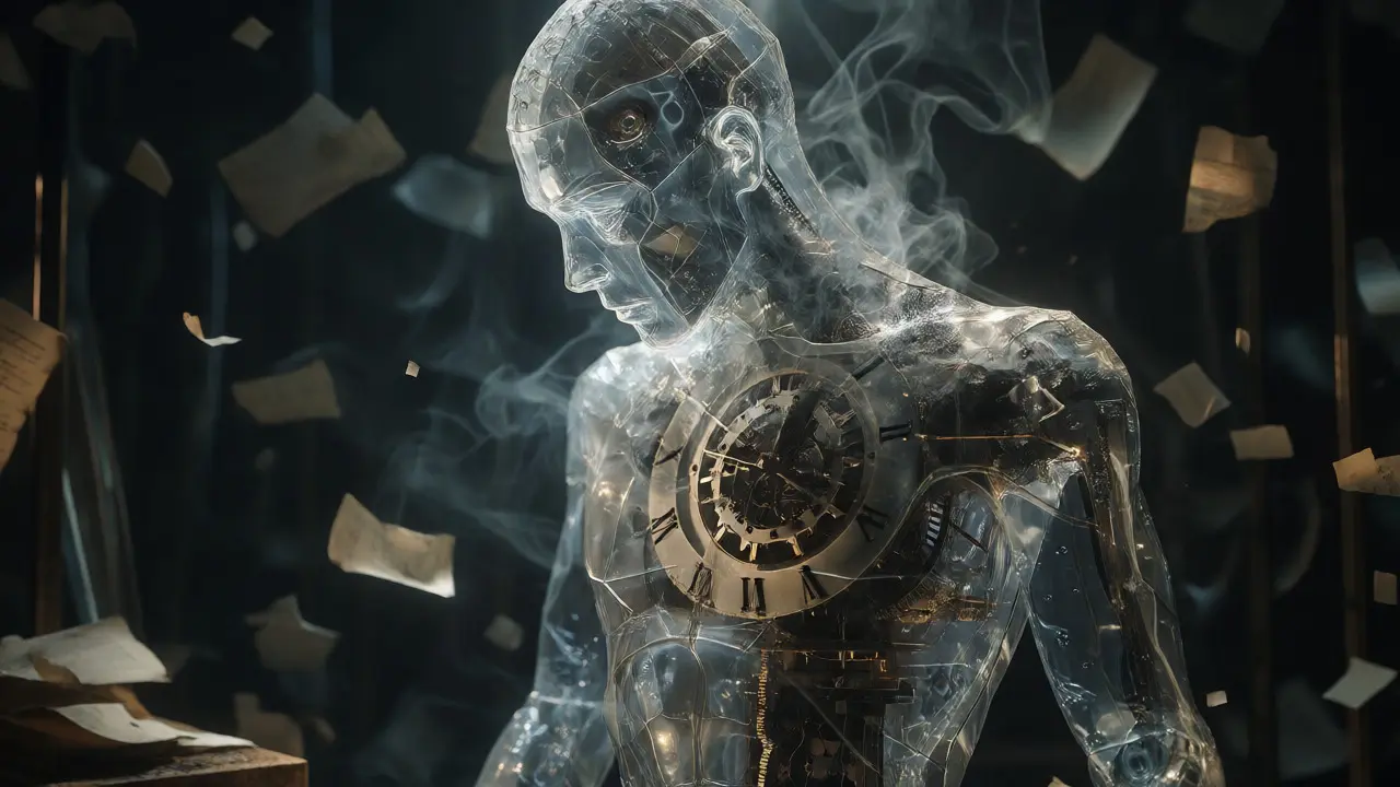 Glass humanoid figure undergoing internal self-correction in a dark lab.