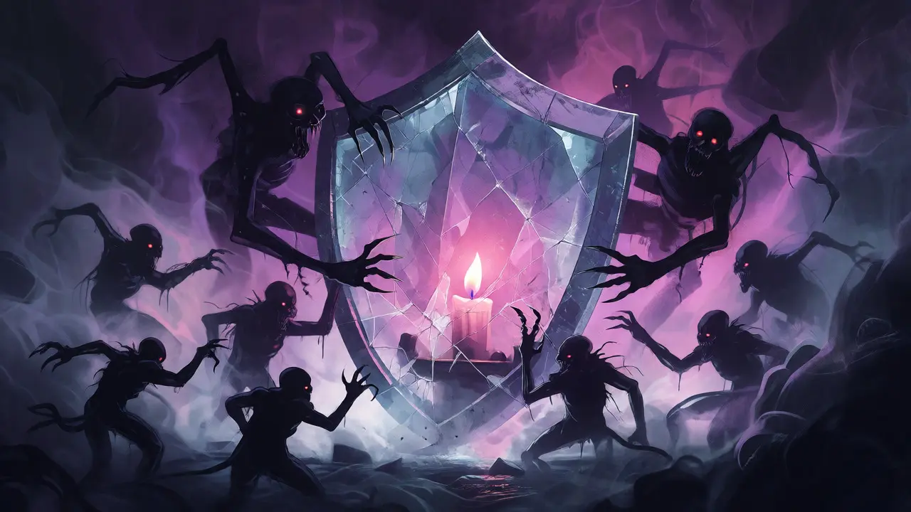Glass shield protecting an app core from shadowy demons in a surreal horror scene.