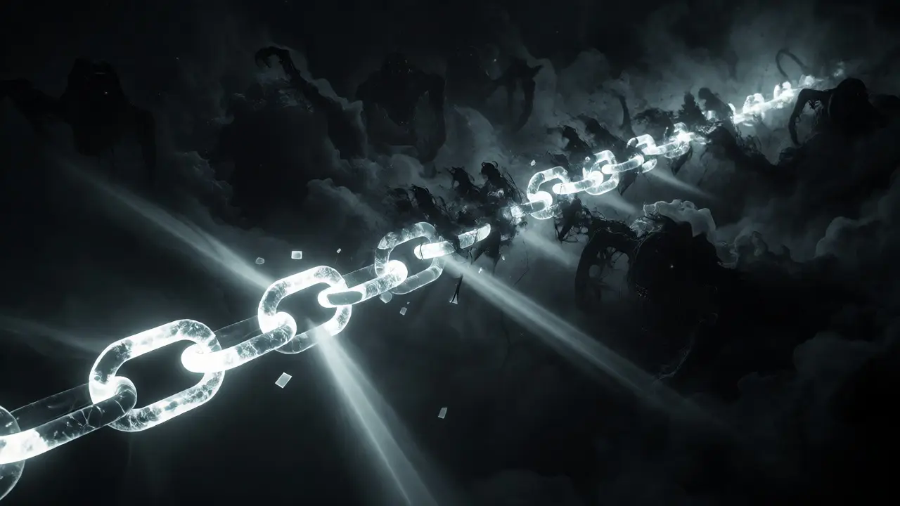 Glowing chain cutting through dark fog of confusion