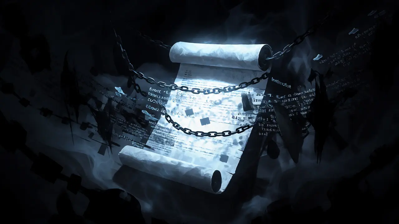 Glowing scroll binding chaotic code ghosts in a dark void