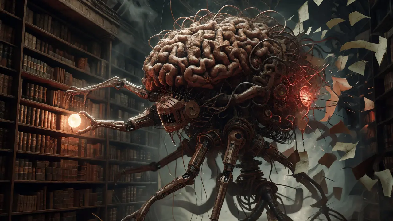 Gothic mechanical brain sorting through a decaying library of knowledge.