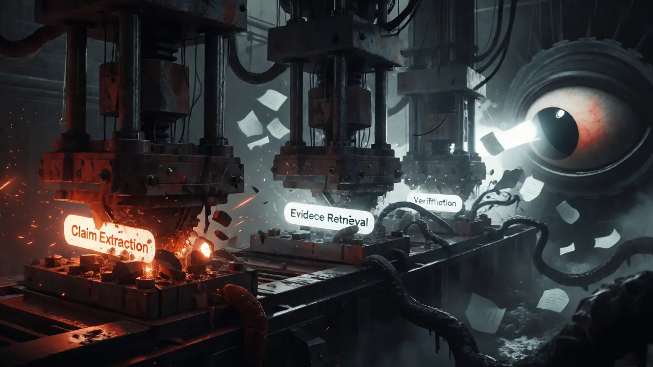 Grim industrial assembly line visualizing claim extraction and evidence retrieval.