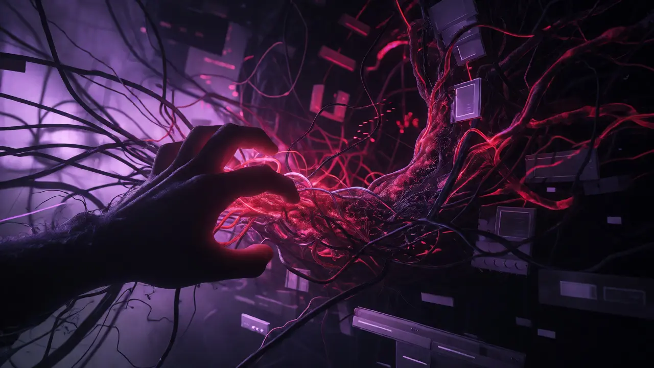 Hand reaching into tangled glowing wires representing chaotic code