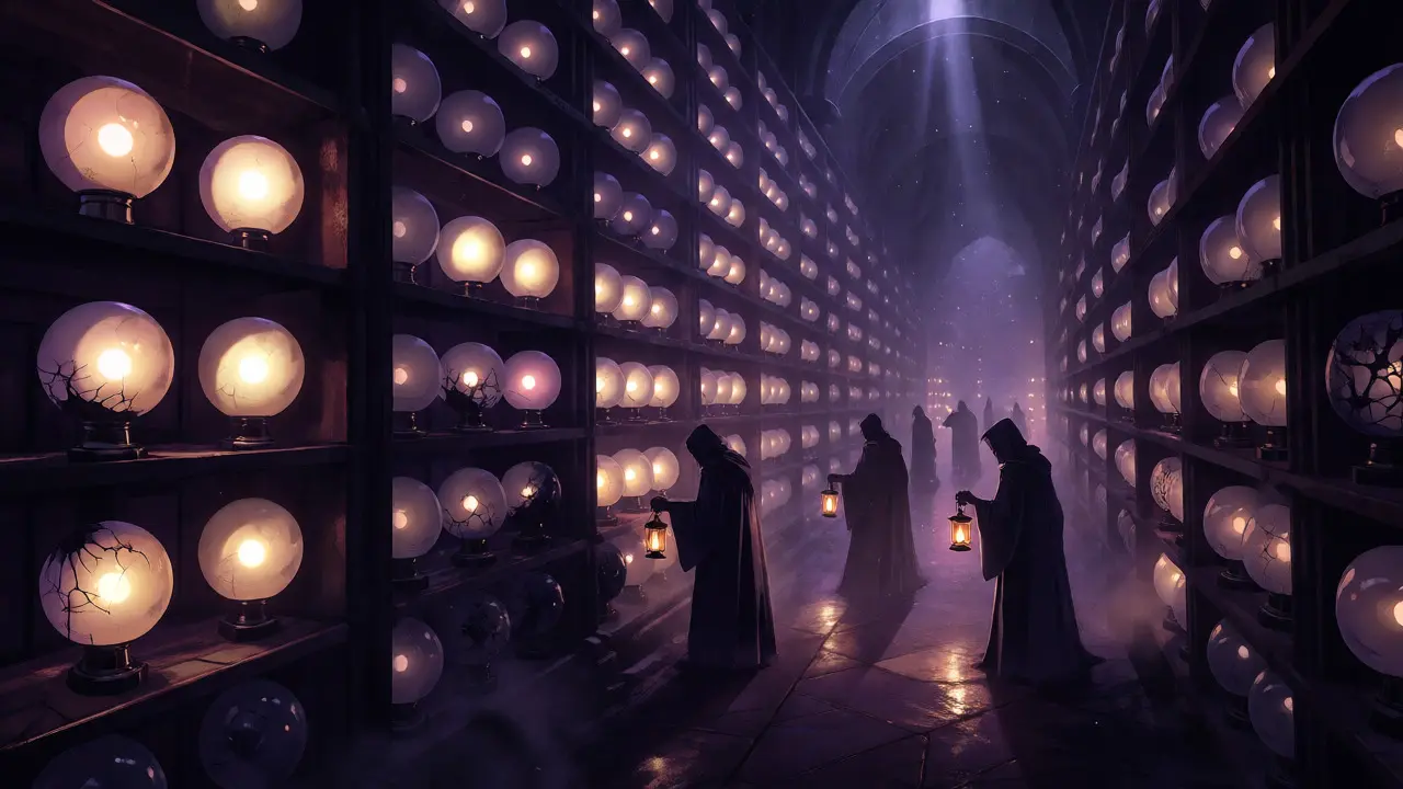 Hooded figures inspecting glowing prompt orbs in a gothic underground library.