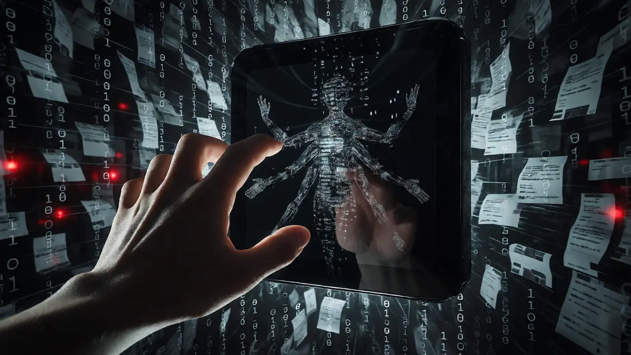 Human hand reaching toward a black AI monolith reflecting a distorted entity.