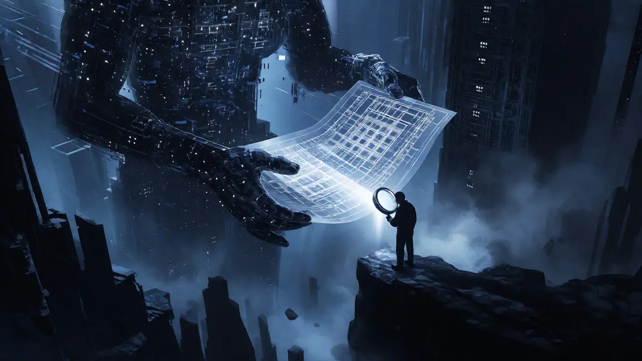 Human inspecting massive AI-generated structure in void