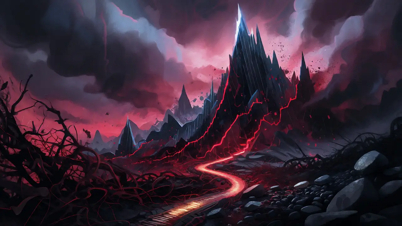 Jagged, bloody mountains of data shards rising against a stormy purple sky, symbolizing cost spikes.