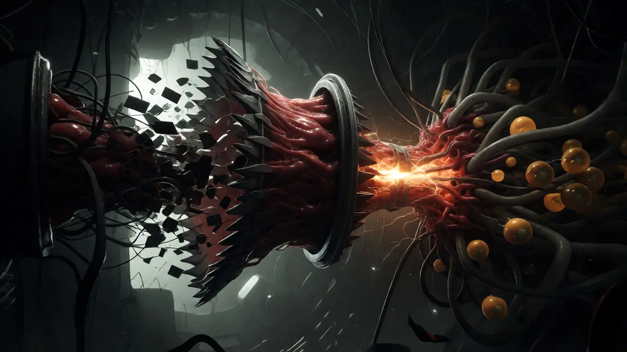 Mechanical horror engine expanding and contracting data streams
