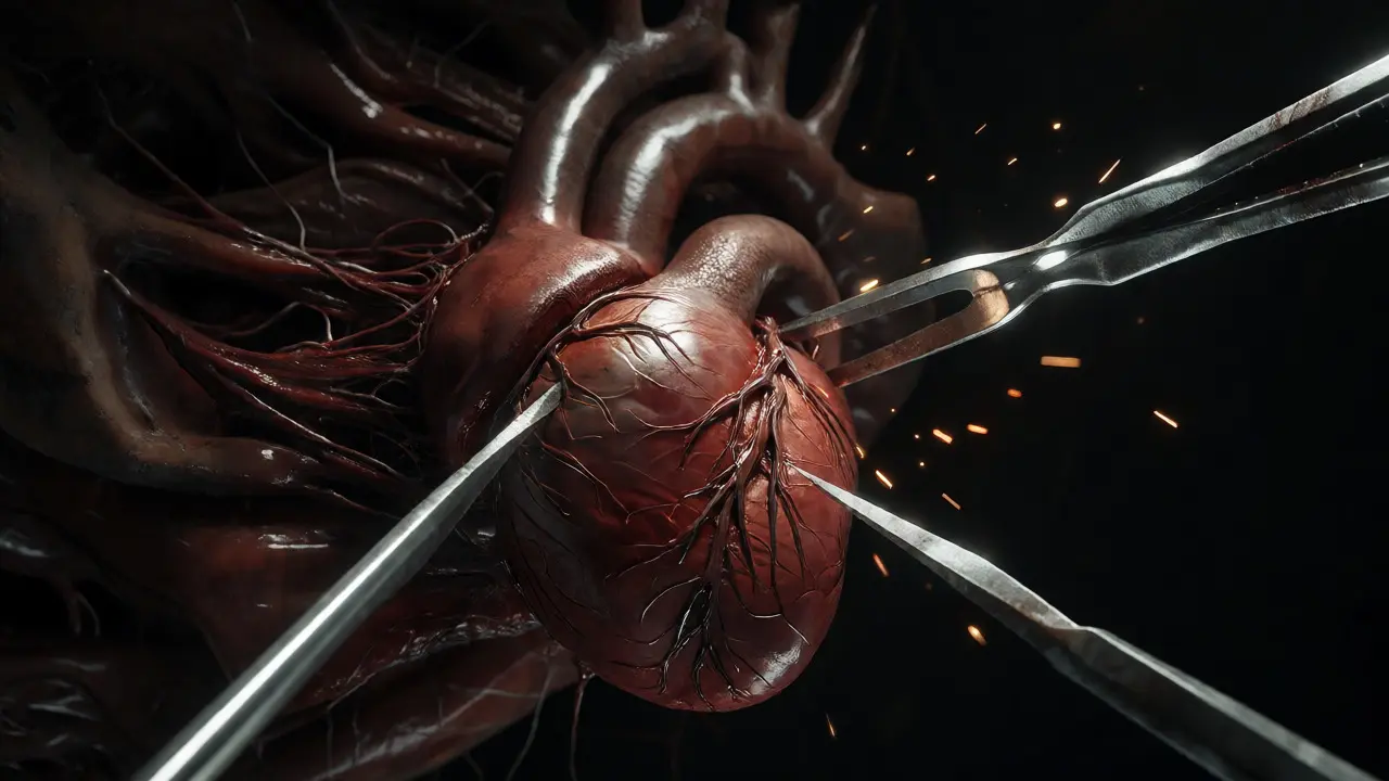 Metallic tools sever dark, fibrous connections from a mechanical heart in a void.